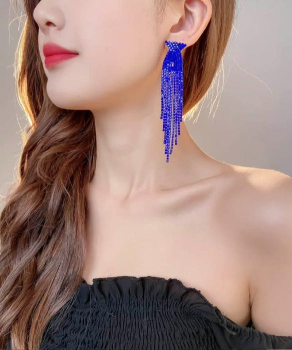 Deep Royal Blue Long Tassel Earrings