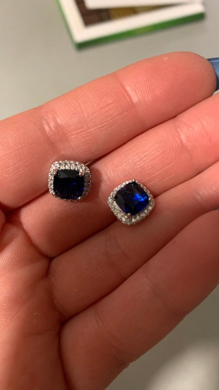 Crystal Blue Zircon Stone Earrings, Silver Earrings, Stud Earrings