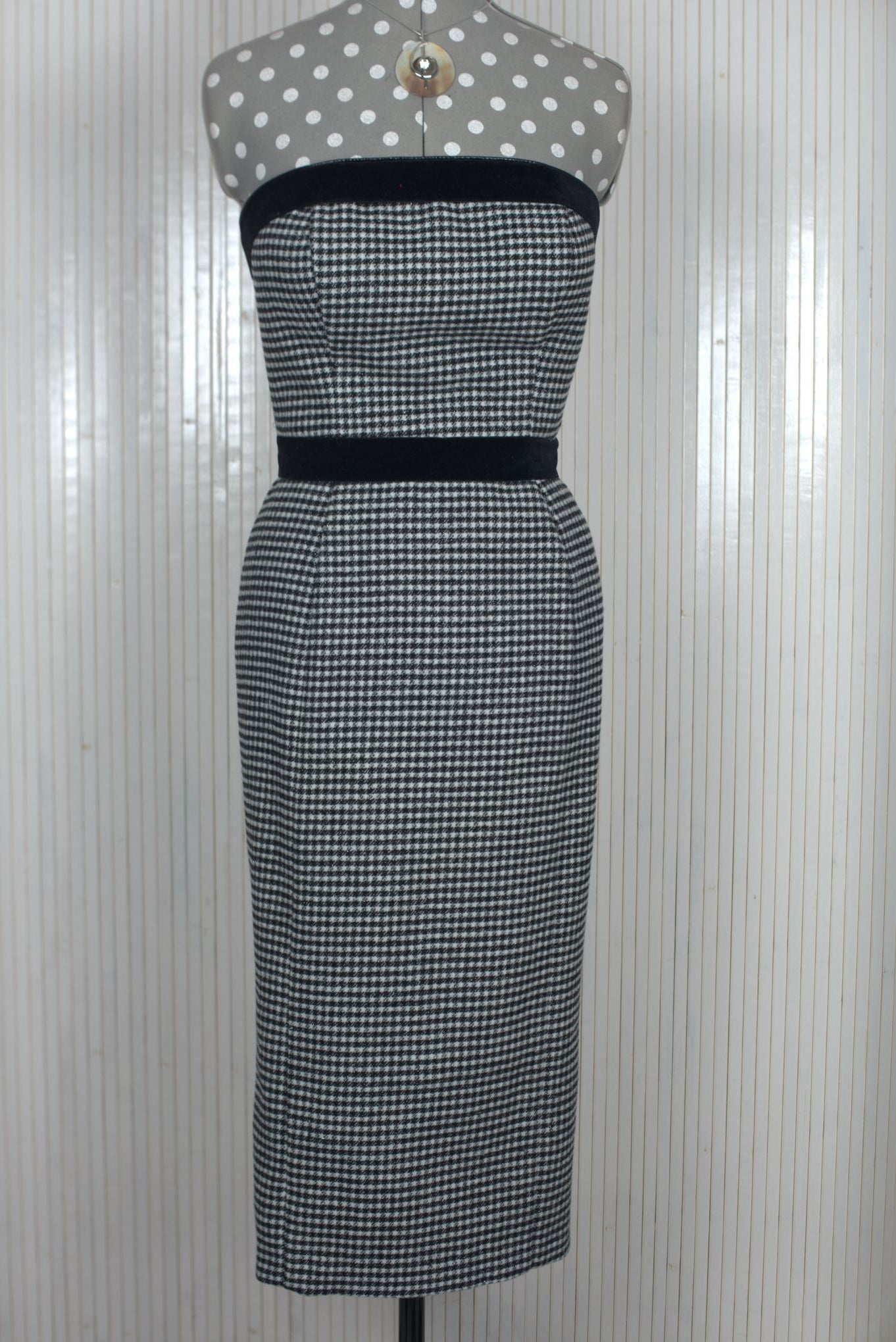 Check Wool Blend criss-cross Strapless Dress