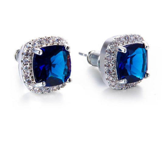 Crystal Blue Zircon Stone Earrings, Silver Earrings, Stud Earrings