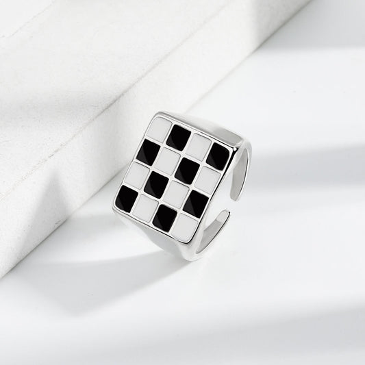 Square Black White Open Adjustable Ring