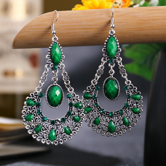 Ethnic Boho, Drop Dangle Earrings, Geometric Carved, Hollow Bead Crystal, Antique Silver, Bohemian Wedding Earrings