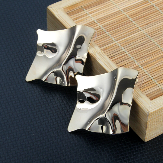 Exaggerated Gold, Silver Irregular Square Shiny Metal, Big Drop Earrings, Rhombus Punk Earrings