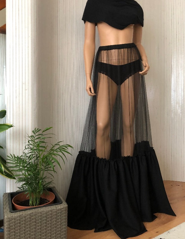Sheer One Layer Petticoat, Black Maxi Skirt, See Through, Women Black Long Tulle Skirt with Unique Ruched Edge