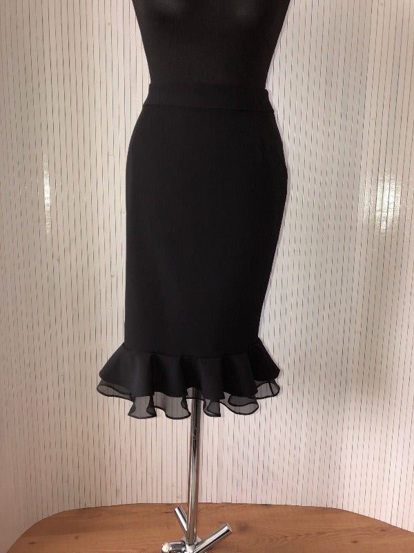 Black suiting skirt with georgette ruffle