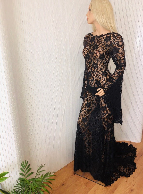Black lace dress. Black gothic dress, black weeding gown, Morticia Dress