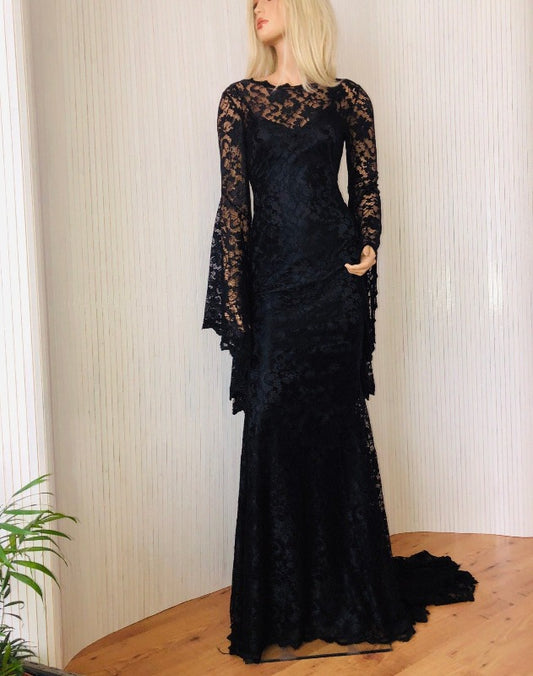 Black lace dress. Black gothic dress, black weeding gown, Morticia Dress