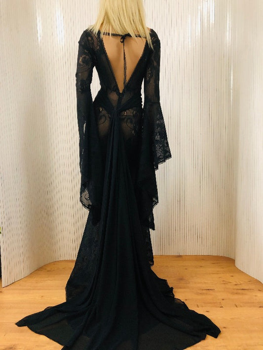 Black lace dress, Boho wedding dress, gothic black dresses