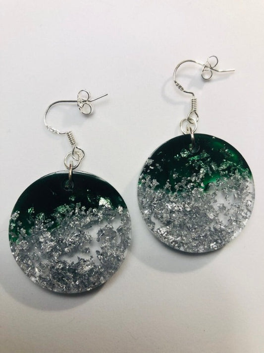 Green resin earrings with silver metal inserts