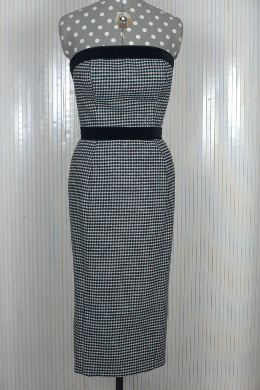 Check Wool Blend criss-cross Strapless Dress