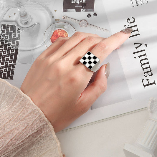 Square Black White Open Adjustable Ring