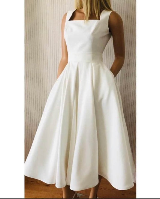 JOSEPHINE calf-length duchess satin dress, elegant and classic dress. Vintage-inspired short bridal gown, Wedding dress.